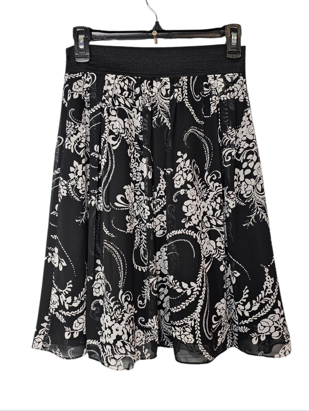 White House Black Market Black White Floral Chiffon Flowy Midi Skirt Size XS